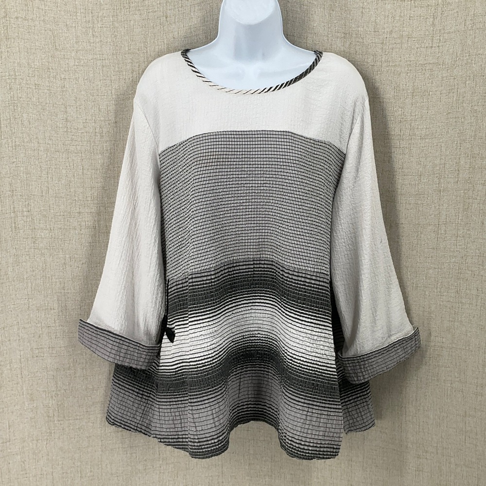 Ali Miles Tunic Top Womens Medium White Grey Striped Textured Boho Art To Wear
